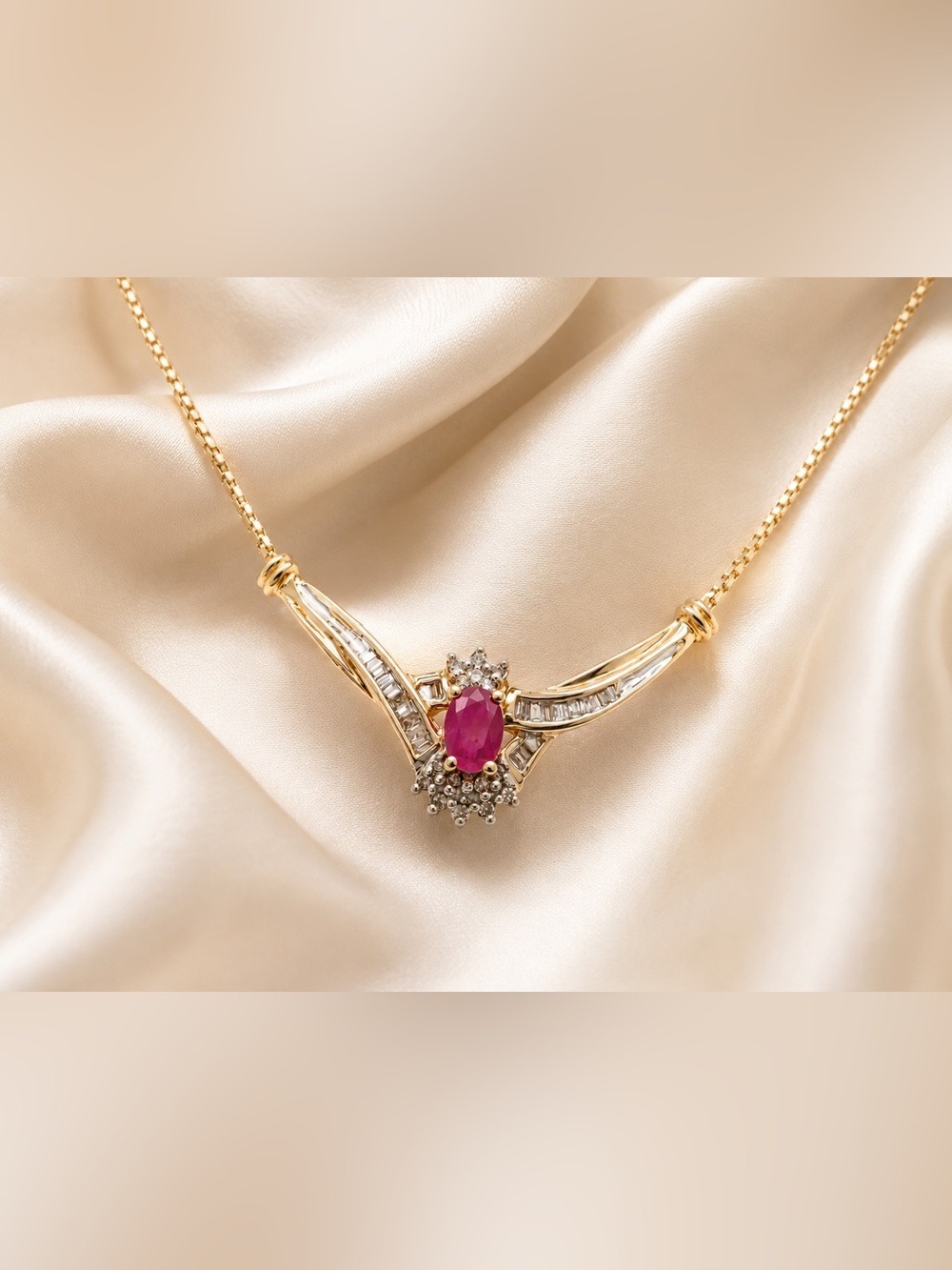 Vintage Italian ADL 10k Gold Ruby & Baguette Diamond Designer Necklace 4.3 grams
